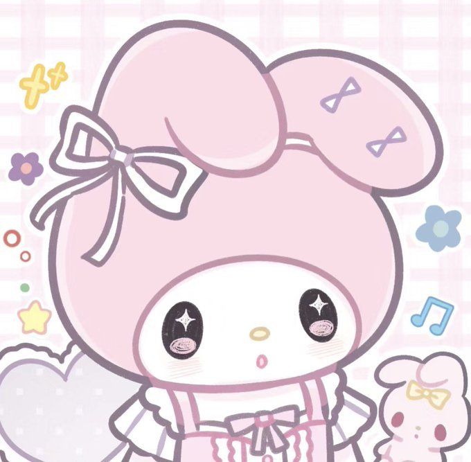 Pale drawing of My Melody in a cute lacy dress with a plush bunny.